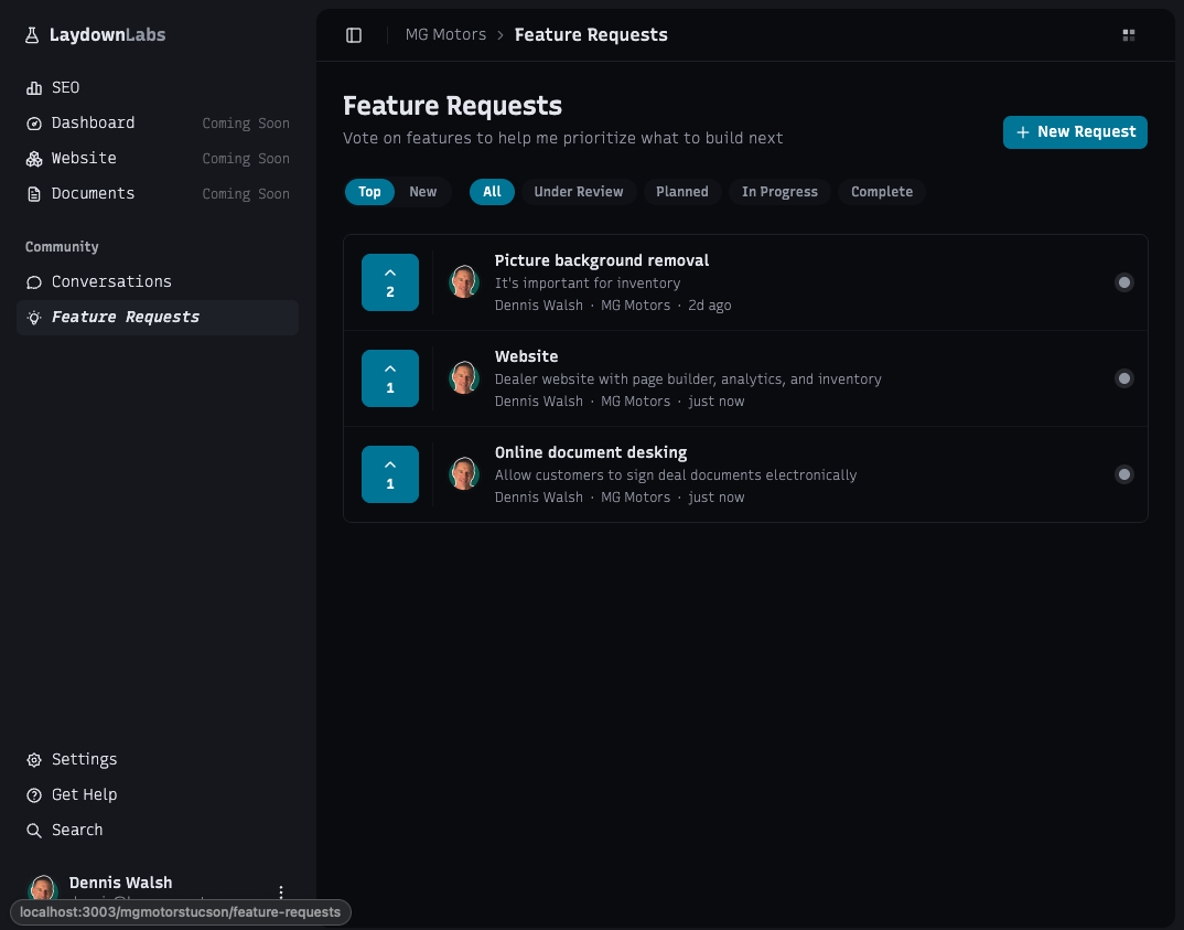 Feature requests board where dealers vote on what gets built next