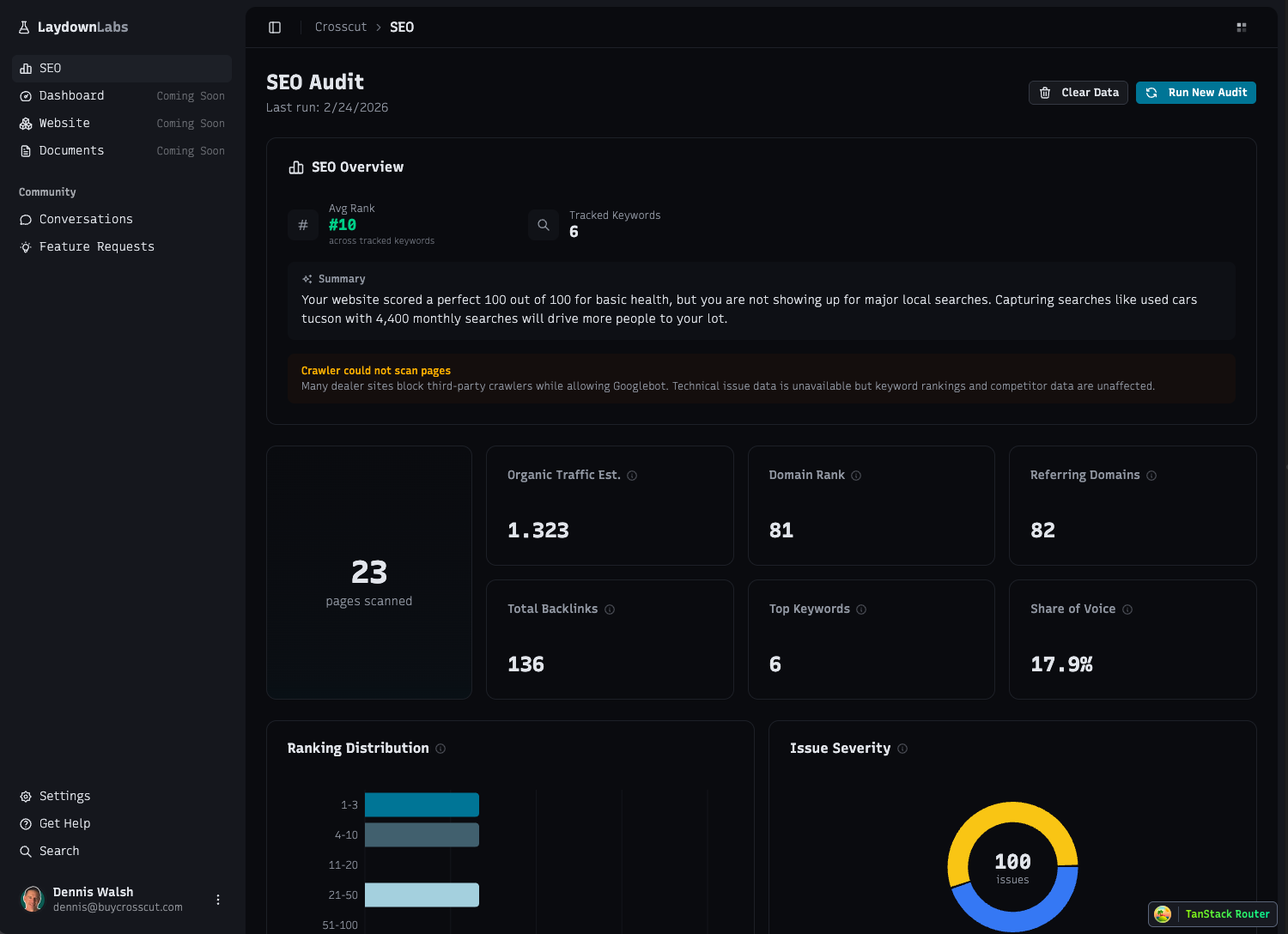 Laydown Labs SEO Audit showing scores, issues, keyword rankings, and competitor comparison